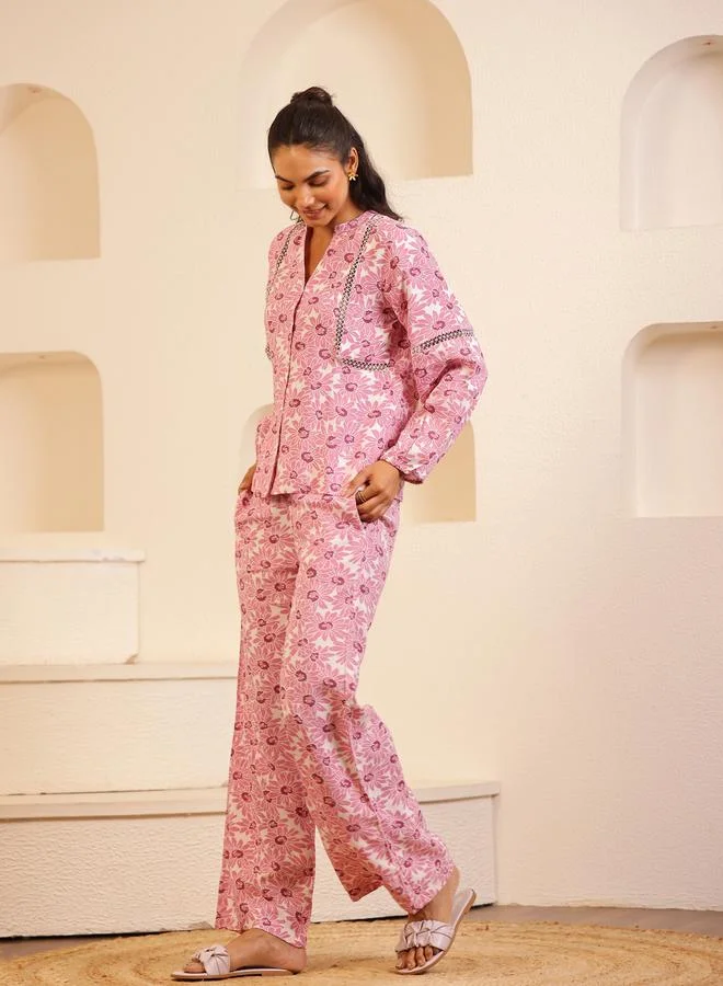 sanskrutihomes Sanskrutihomes Women Pink Floral Print Lace Trim Shirt and Pyjama Set
