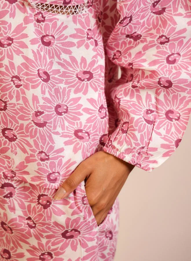 sanskrutihomes Sanskrutihomes Women Pink Floral Print Lace Trim Shirt and Pyjama Set