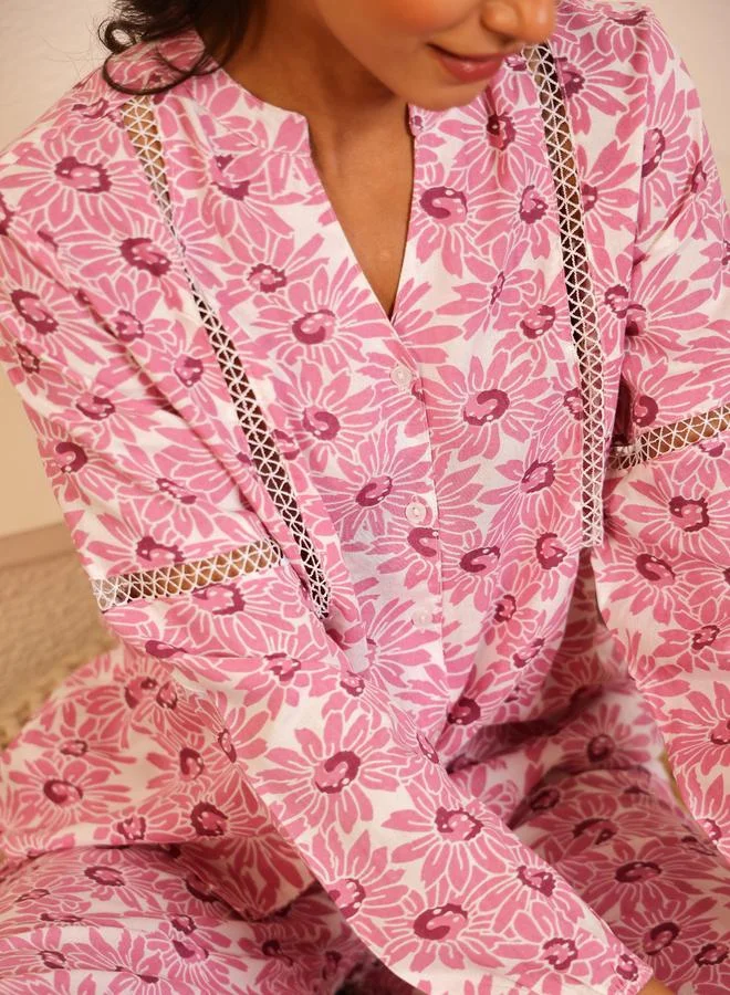 sanskrutihomes Sanskrutihomes Women Pink Floral Print Lace Trim Shirt and Pyjama Set