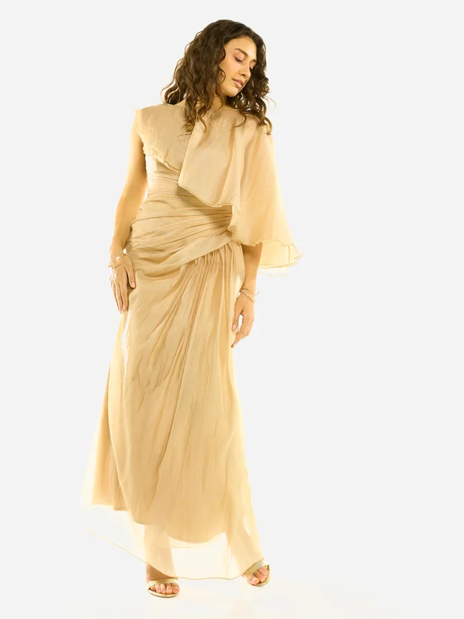 House Of Moda Draped Overlay Flutter Sleeve Gown Maxi Dress
