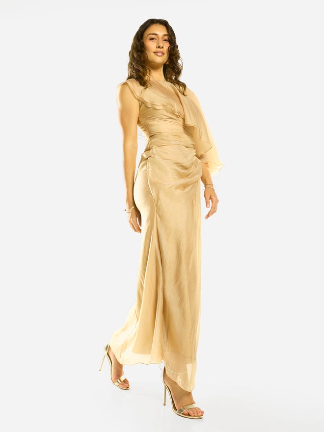 House of Moda Draped Overlay Flutter Sleeve Gown Maxi Dress - Image 4