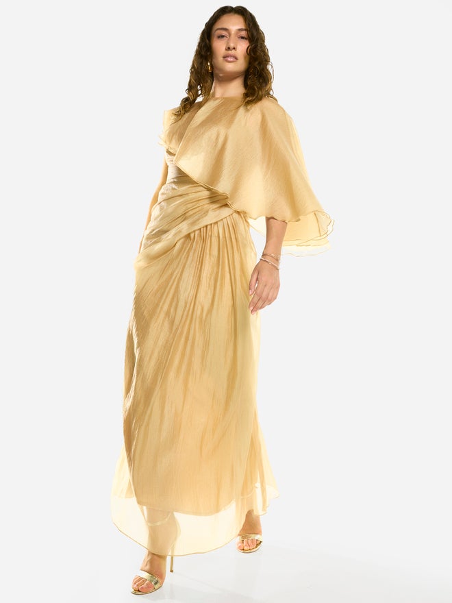 House of Moda Draped Overlay Flutter Sleeve Gown Maxi Dress - Image 3