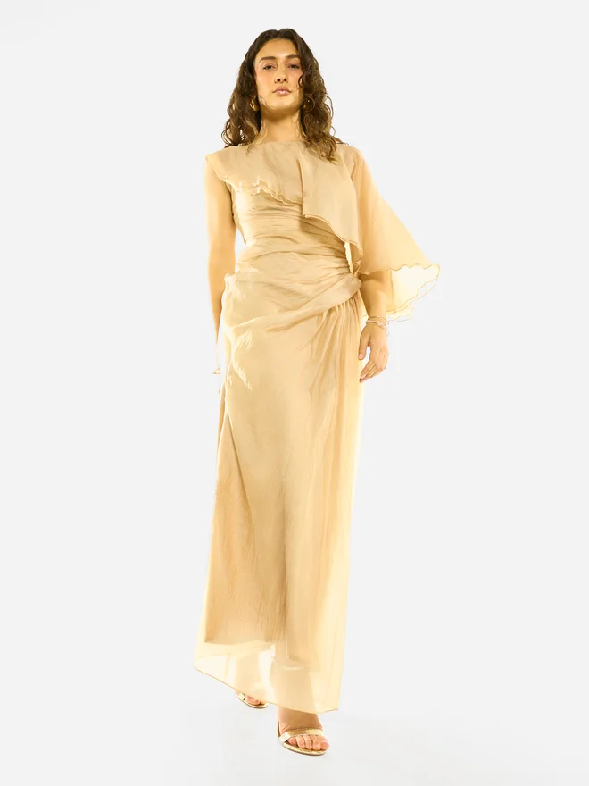 House Of Moda Draped Overlay Flutter Sleeve Gown Maxi Dress