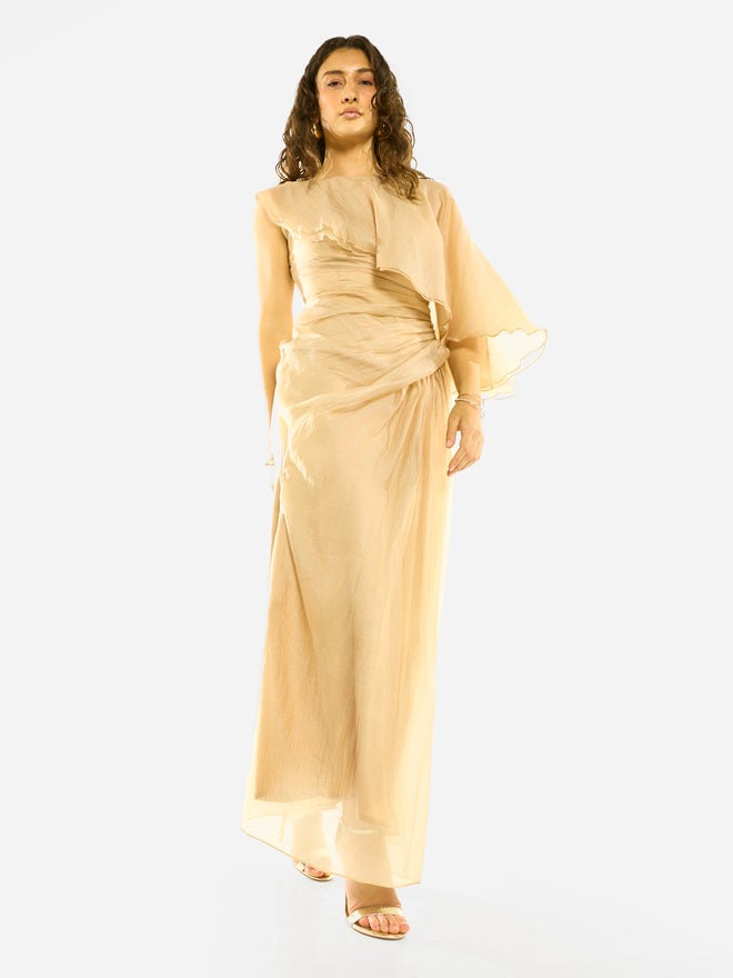 House of Moda Draped Overlay Flutter Sleeve Gown Maxi Dress - Image 2