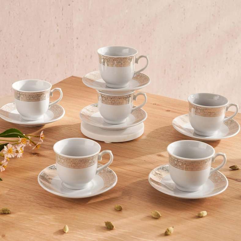 طقم فناجين إسبريسو 12 قطعة مع صحن 90 مل - أبيض وذهبي