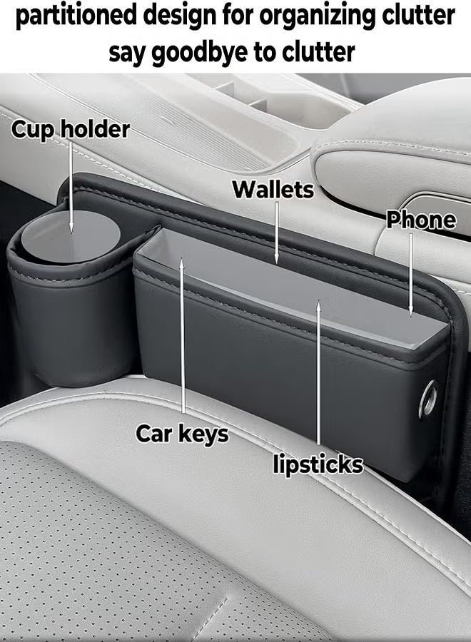 حشو فجوة مقعد السيارة، صندوق تخزين جلدي لمقعد السيارة مع حامل أكواب، منظم فجوة مقعد السائق الجانبي منظم تخزين المقعد الأمامي قابل للتعديل، منظم تخزين للهواتف نظارات مفاتيح مفاتيح بطاقات، أسود - Image 4