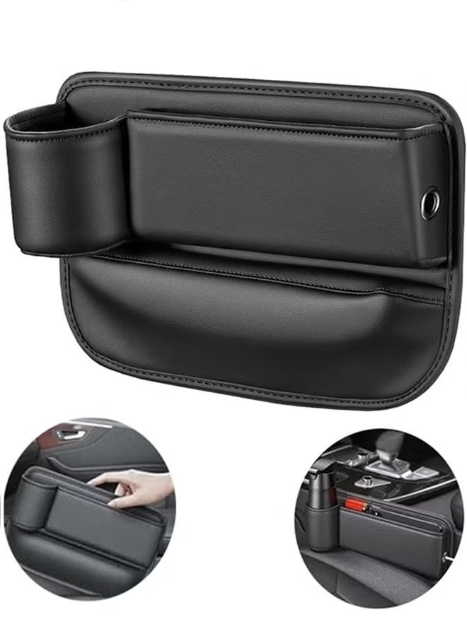 حشو فجوة مقعد السيارة، صندوق تخزين جلدي لمقعد السيارة مع حامل أكواب، منظم فجوة مقعد السائق الجانبي منظم تخزين المقعد الأمامي قابل للتعديل، منظم تخزين للهواتف نظارات مفاتيح مفاتيح بطاقات، أسود - Image 1