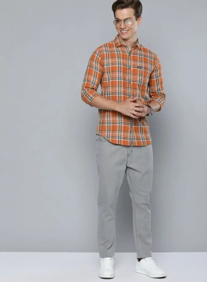The Indian Garage Co Men Slim Fit Checkered Full Sleeves Cutaway Collar Casual Shirt