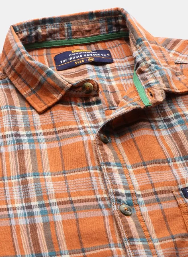 The Indian Garage Co Men Slim Fit Checkered Full Sleeves Cutaway Collar Casual Shirt