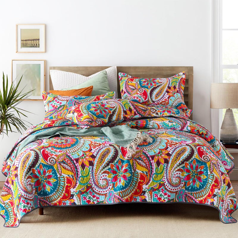 Qucover 100 Cotton Quilt King Boho Bedspreads King Size Vibrant Colorful Gorgeous Paisley Print Coverlet Bedding with 2 Pillow Shams Boho Decor for Living Bedroom 98x106 Inches