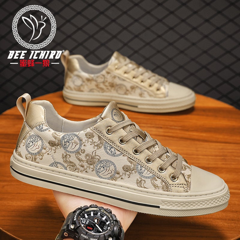 Bee Yilang Official Store New Men'S Shoes Popular Versatile Lace-Up Board Shoes Breathable Soft-Soled Printed Leather Shoes - Image 2