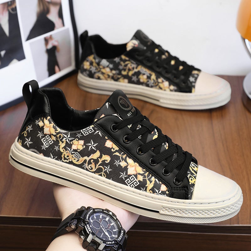 Bee Yilang Official Store New Men'S Shoes Popular Versatile Lace-Up Board Shoes Breathable Soft-Soled Printed Leather Shoes - Image 1