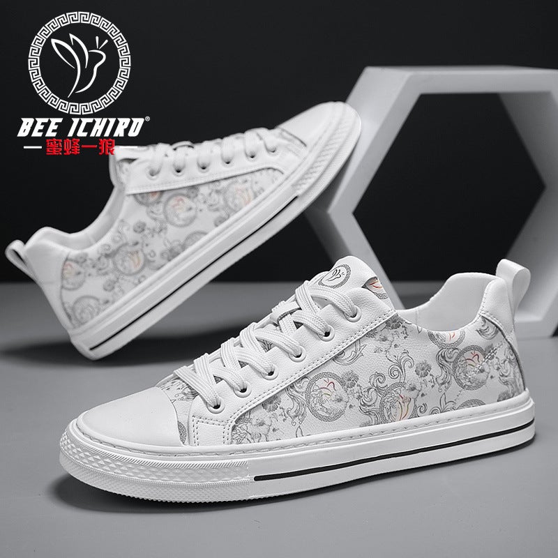 Bee Yilang Official Store New Men'S Shoes Popular Versatile Lace-Up Board Shoes Breathable Soft-Soled Printed Leather Shoes - Image 4