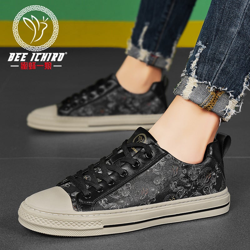 Bee Yilang Official Store New Men'S Shoes Popular Versatile Lace-Up Board Shoes Breathable Soft-Soled Printed Leather Shoes - Image 3