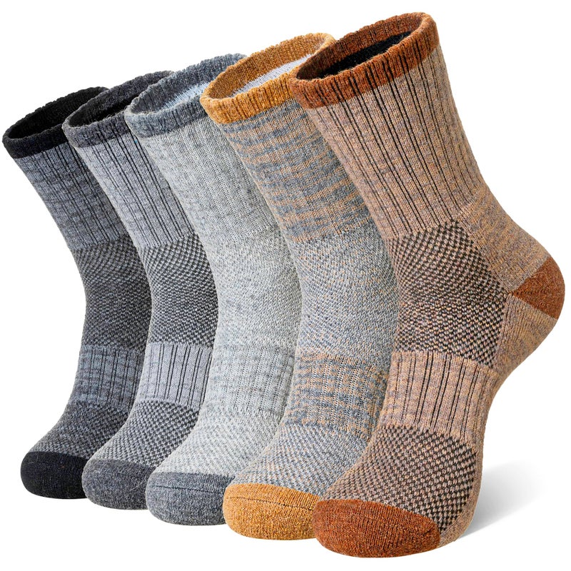 Eocom Merino Wool Hiking Socks for Men & Women Thermal Winter Warm Work Cushion Outdoor Crew Boot Socks 5 Pairs(Grey/Black/Brown, Large) - Image 1