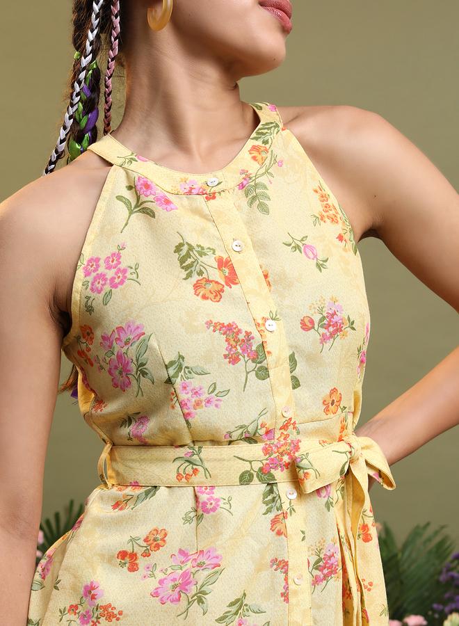 فيشود فستان ميدي بحزام وطبعات زهور بياقة هالتر - Image 5