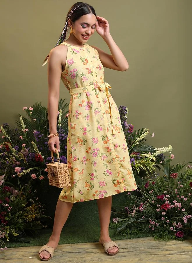 فيشود Vishudh Floral Printed Halter Neck A-Line Midi Dress with Belt