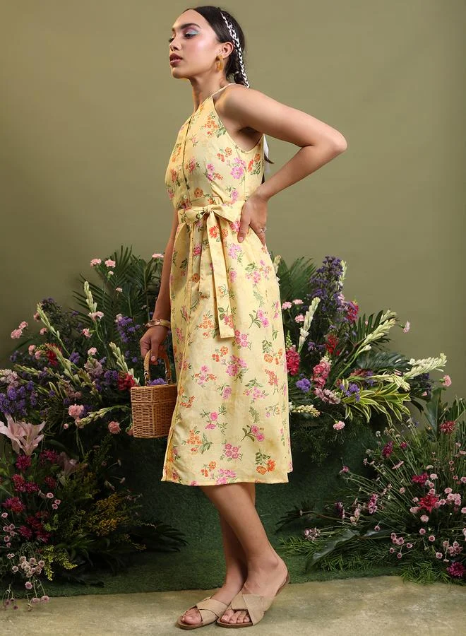 فيشود Vishudh Floral Printed Halter Neck A-Line Midi Dress with Belt