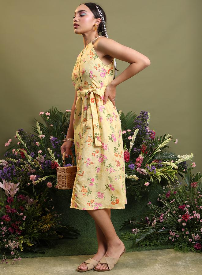 فيشود فستان ميدي بحزام وطبعات زهور بياقة هالتر - Image 2