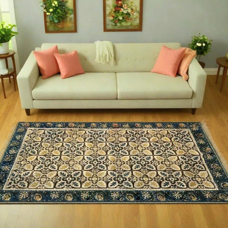 Peepul Tree Handwoven BlockPrinted Kalamkari Cotton Rug 5 x 3 Ft Exquisite Handcrafted Rug for Sophistication Comfort 5 Ft x 3 Ft Indigo and Beige - Image 1