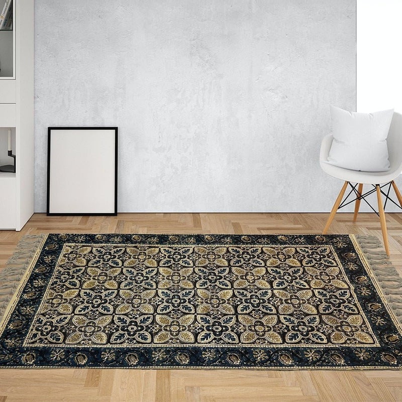 Peepul Tree Handwoven BlockPrinted Kalamkari Cotton Rug 5 x 3 Ft Exquisite Handcrafted Rug for Sophistication Comfort 5 Ft x 3 Ft Indigo and Beige - Image 2