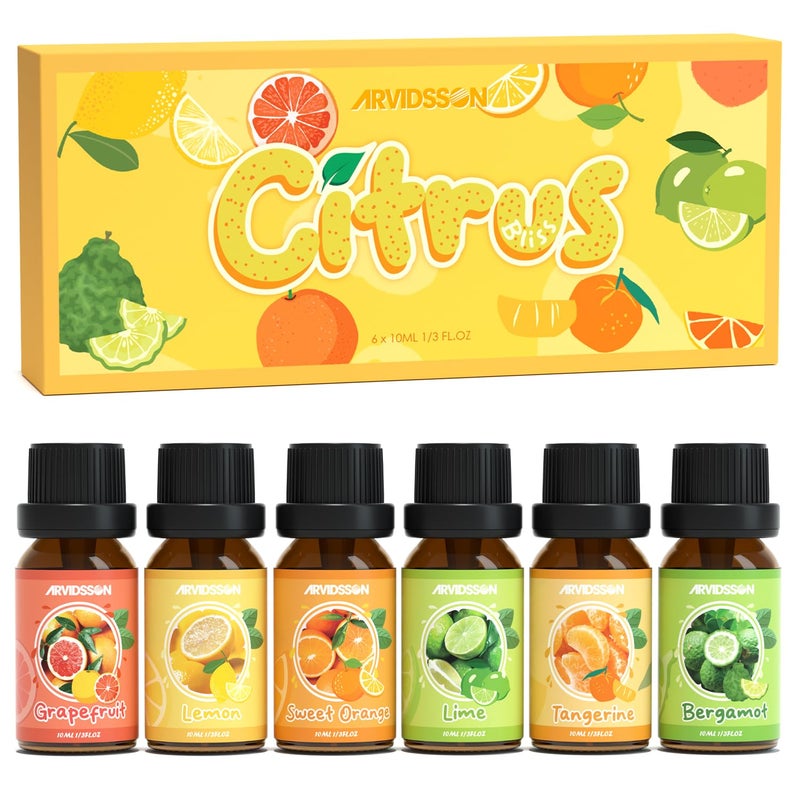 Citrus Essential Oils Set ARVIDSSON Fresh Fruit Essential Oil for Diffuser Grapefruit Bergamot Sweet Orange Lemon Lime Tangerine Citrusy Scented Oils Gift for Women