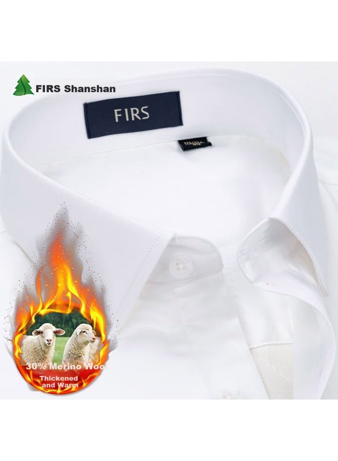 Firs Wool Lined Thermal Shirt Men Pure Cotton Wrinkle-free Business Thickened Shirt White Warm 39 - Image 1