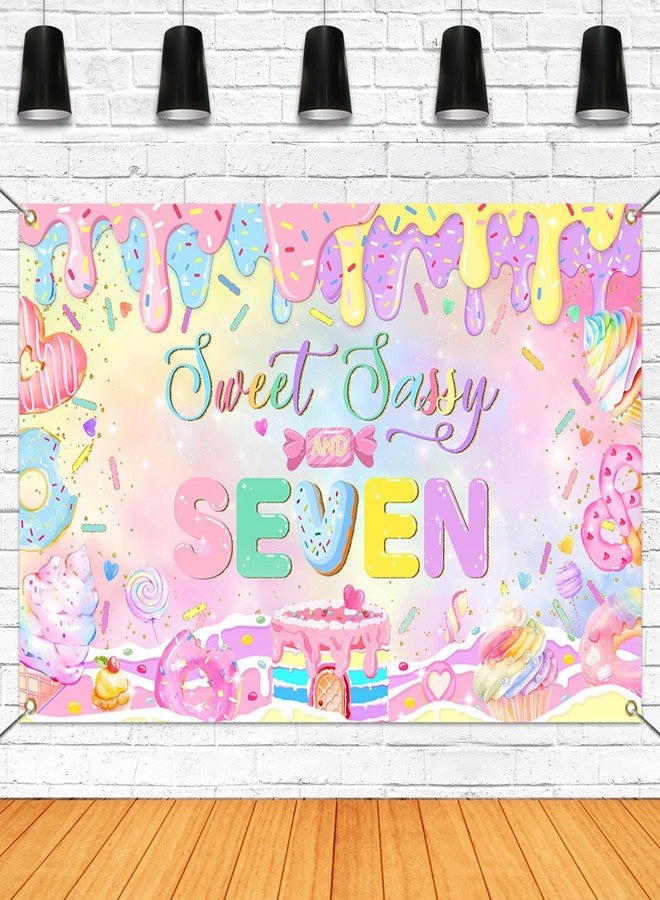 Mocsicka Donut 7th Birthday Banner Backdrop Sweet Sassy and Seven Birthday Party Decorations Banner for Girls Seven Birthday Party Banner for Phogography (Pink, 70.8x43.3 inch) - Image 1