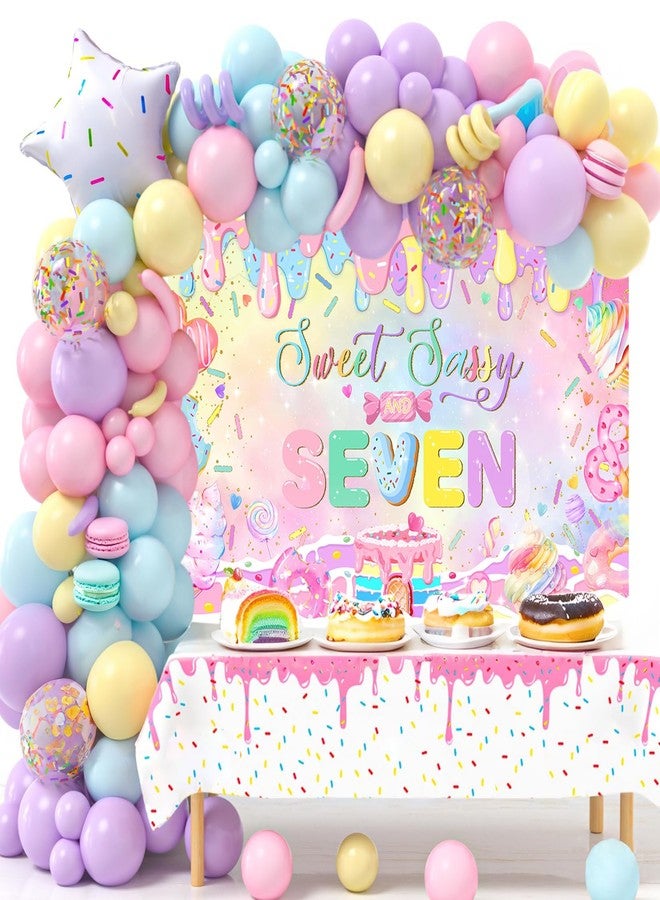 Mocsicka Donut 7th Birthday Banner Backdrop Sweet Sassy and Seven Birthday Party Decorations Banner for Girls Seven Birthday Party Banner for Phogography (Pink, 70.8x43.3 inch) - Image 2