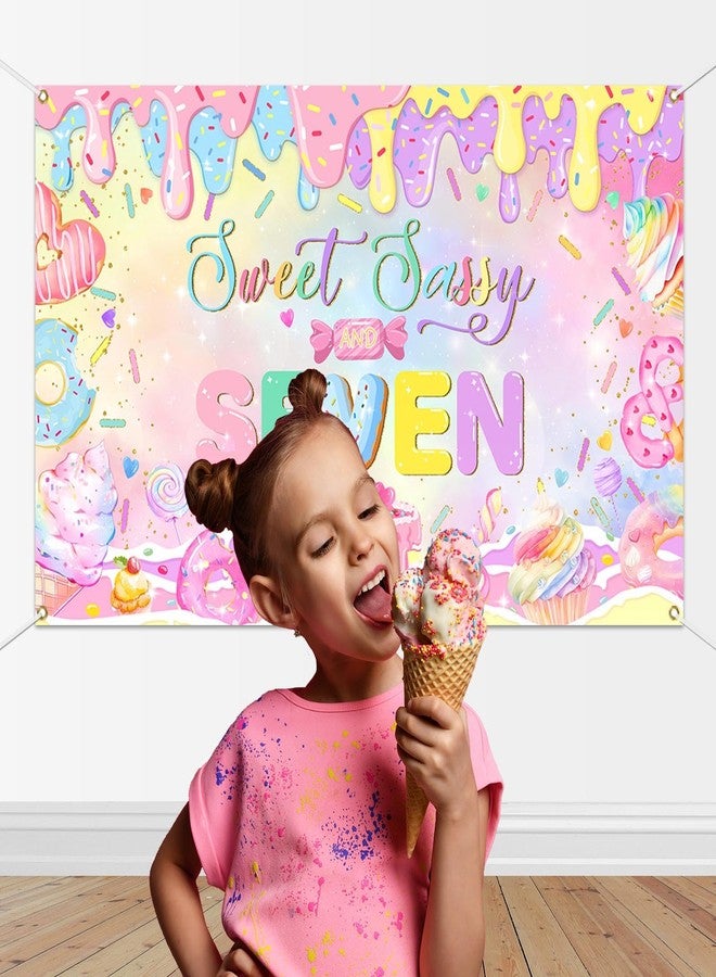 Mocsicka Donut 7th Birthday Banner Backdrop Sweet Sassy and Seven Birthday Party Decorations Banner for Girls Seven Birthday Party Banner for Phogography (Pink, 70.8x43.3 inch) - Image 3