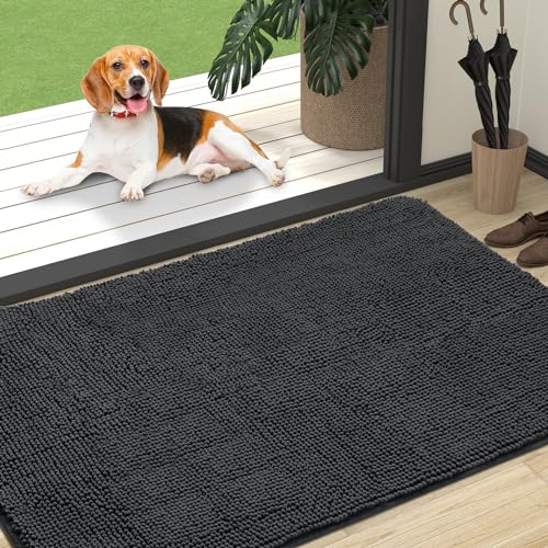 OLANLY Dog Door Mat for Muddy Paws 47x32 Absorbs Moisture and Dirt Absorbent NonSlip Washable Doormat Quick Dry Chenille Mud Mat for Dogs Entry Indoor Entryway Carpet for Inside Floor Dark Grey