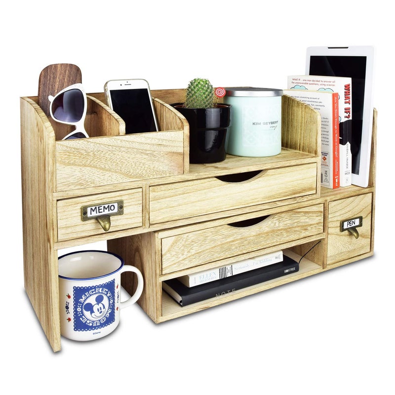 Ikee Design Large Extendable Wooden Desktop Organizer For Office Supplies Storage Shelf Rack Book Shelf Stationary Compartment Holder Back to School 17 14 W x 7 12 D x 12 H in
