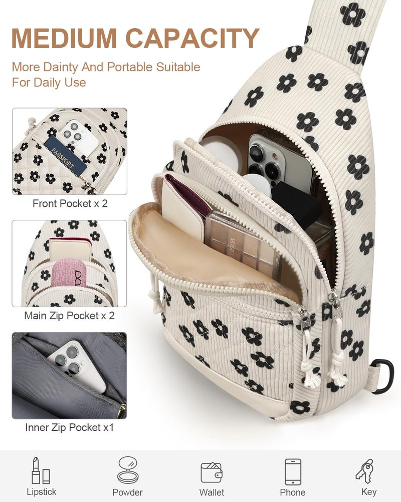Capolo Sling Bag for Women Men Waterproof Crossbody Bags for Women Trendy Casual Fanny Pack with Convertible Shoulder Strap Chest Bag for Travel Hiking(Corduroy Black Flower, Medium) - Image 4
