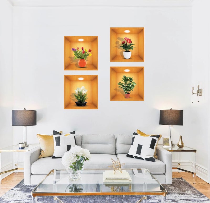 Rangoli Beautiful Four Flower Vase Set 3D Effect Design Large Self Adhesive Sticker for Living Room Bedroom - Image 4