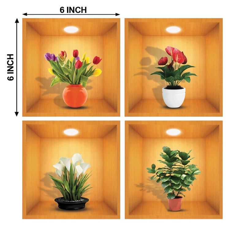 Rangoli Beautiful Four Flower Vase Set 3D Effect Design Large Self Adhesive Sticker for Living Room Bedroom - Image 5
