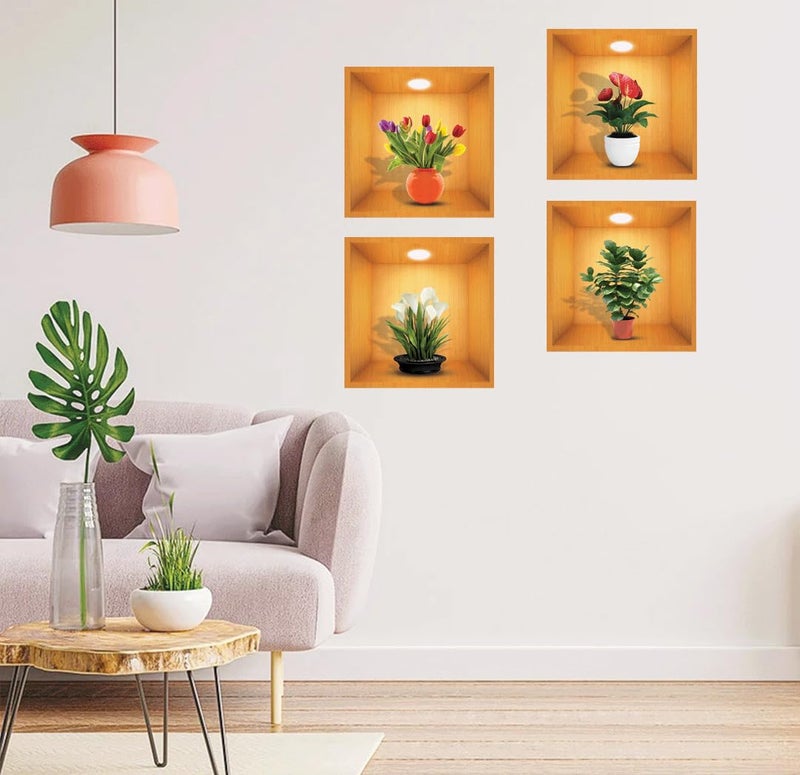 Rangoli Beautiful Four Flower Vase Set 3D Effect Design Large Self Adhesive Sticker for Living Room Bedroom - Image 3
