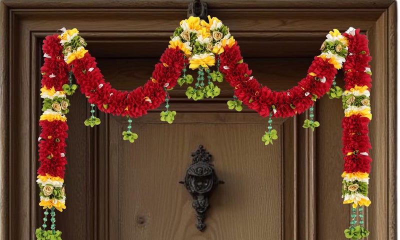 Daedal Crafters Maroon Crystal Door Set Toran for Main Door Entrance, Reusable Thoran for Mandir & Living Room Décor, Bandarwal for Festival Decoration, Flower Hanging for Home Décor (42x24 inch) - Image 1