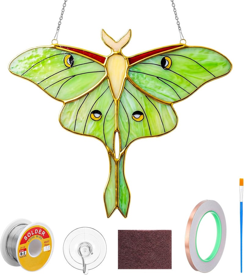 LemonRoad 1 Set Green Luna Moth Pre Cut Stained Glass Kit for Adult Beginner Made Easy Stained Glass Craft with Solder Wire, Flux Brush for Christmas Birthday Party Favor - Image 1