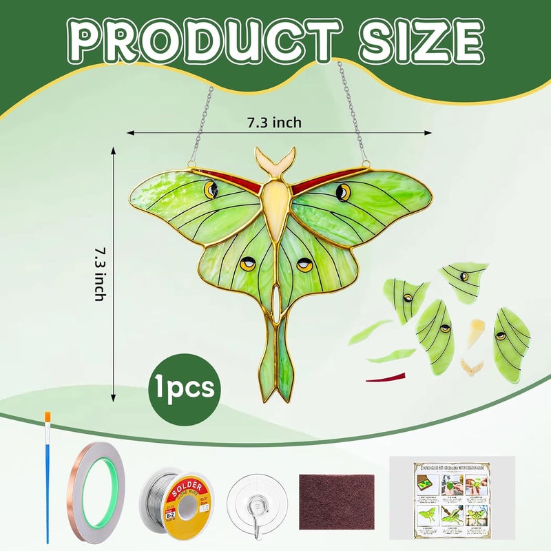 LemonRoad 1 Set Green Luna Moth Pre Cut Stained Glass Kit for Adult Beginner Made Easy Stained Glass Craft with Solder Wire, Flux Brush for Christmas Birthday Party Favor - Image 2