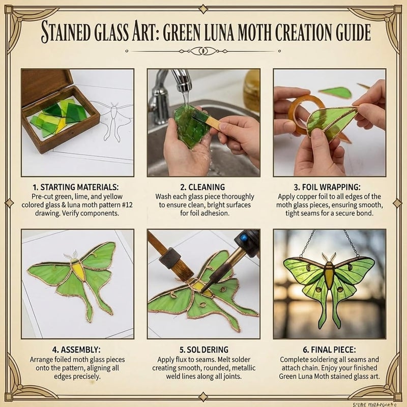 LemonRoad 1 Set Green Luna Moth Pre Cut Stained Glass Kit for Adult Beginner Made Easy Stained Glass Craft with Solder Wire, Flux Brush for Christmas Birthday Party Favor - Image 3
