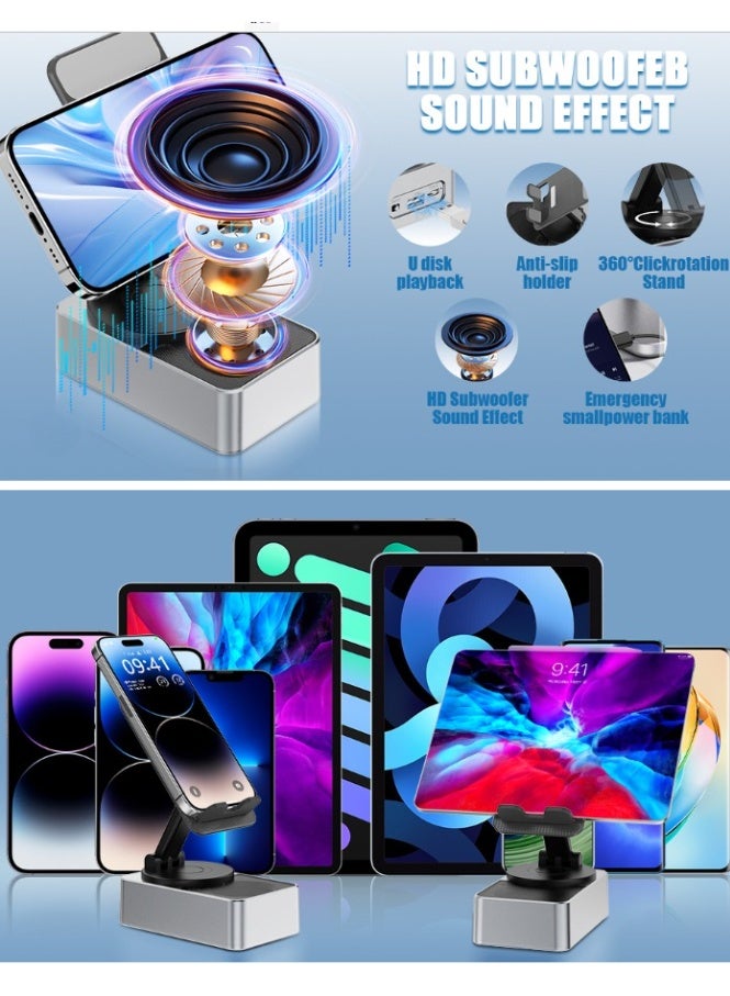 Induction speaker, 4-in-1 mobile phone holder with wireless Bluetooth speaker, high-definition surround sound and LED color-changing lights, 360° foldable design suitable for iPhone/Android/tablet–s - Image 4