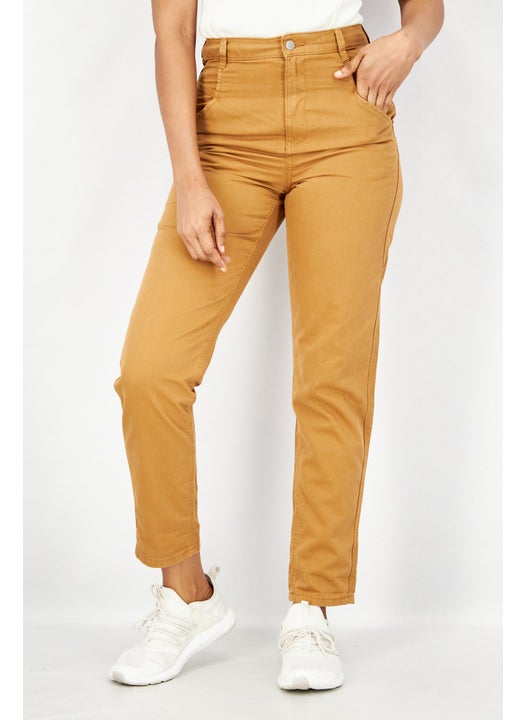 Women Regular Fit Solid Stretchable Denim Jeans, Tan