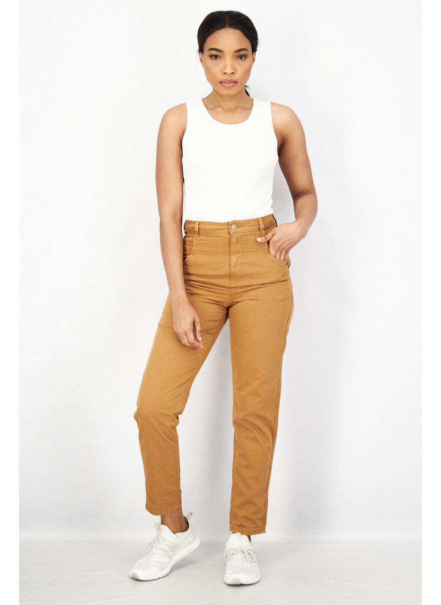 EDC Women Regular Fit Solid Stretchable Denim Jeans, Tan  - Image 3