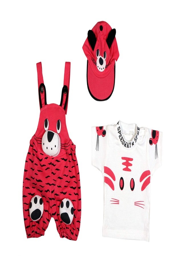 Trendy Dukaan Baby Boy's And Baby Girl's Dungaree Set / Romper Set with T-Shirt (12 Months - 24 Months, Rani) - Image 3