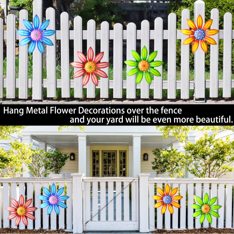 Gooyule Metal Flower Wall Art - Colorful Floral Decor for Indoor Outdoor Hanging - Home Office Garden Yard Wall Decoration Set (Metal Flower Decor A) - Image 4