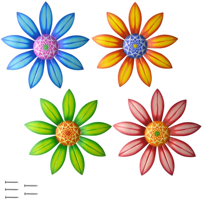 Gooyule Metal Flower Wall Art - Colorful Floral Decor for Indoor Outdoor Hanging - Home Office Garden Yard Wall Decoration Set (Metal Flower Decor A) - Image 1