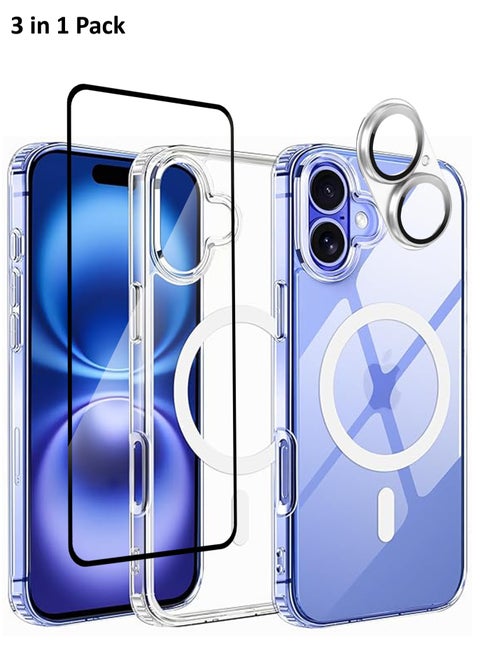3 in 1 Pack Crystal Clear Flexible Protective Silicone -MagSafe/Wireless Charging Back and  Case Tempered Glass Screen Protector With Camera Lens Protector For iPhone 16 Plus