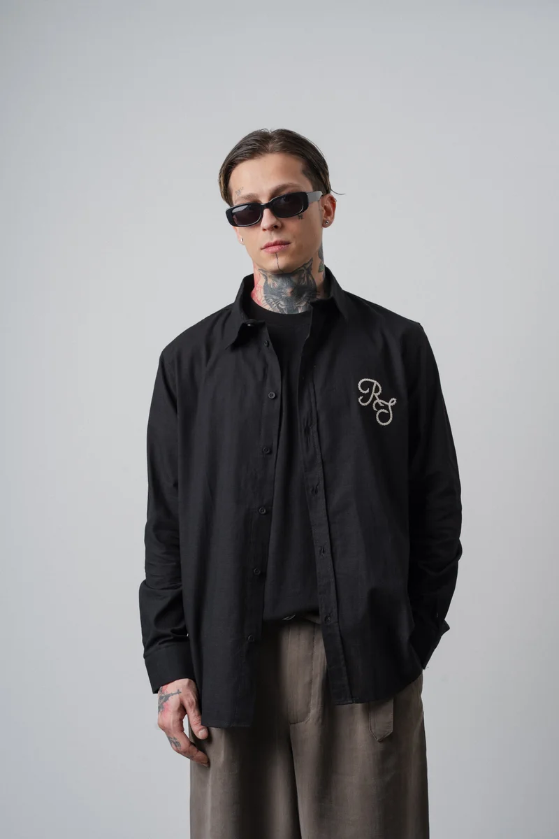RESPIRE Men's Embroidered Long-Sleeve Linen Oversize Shirt Black