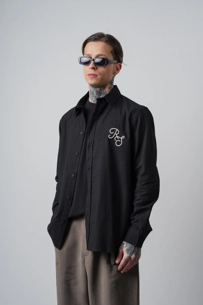 RESPIRE Men's Embroidered Long-Sleeve Linen Oversize Shirt Black