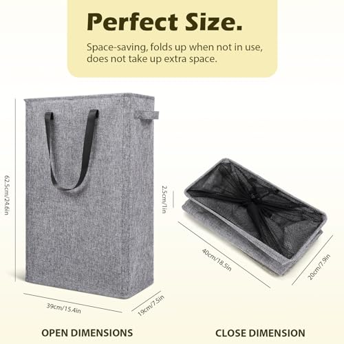 Odonata Slim Laundry Hamper Handles Collapsible Laundry Basket Thin Dirty Clothes Basket Narrow Laundry Bag Foldable Dirty Hamper 45L Heather Grey - Image 3
